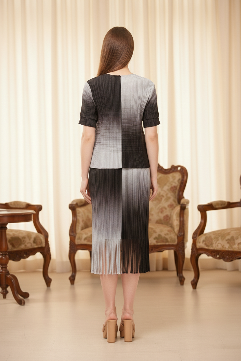 Ombre High Waist Pleated Midi Skirt - Black