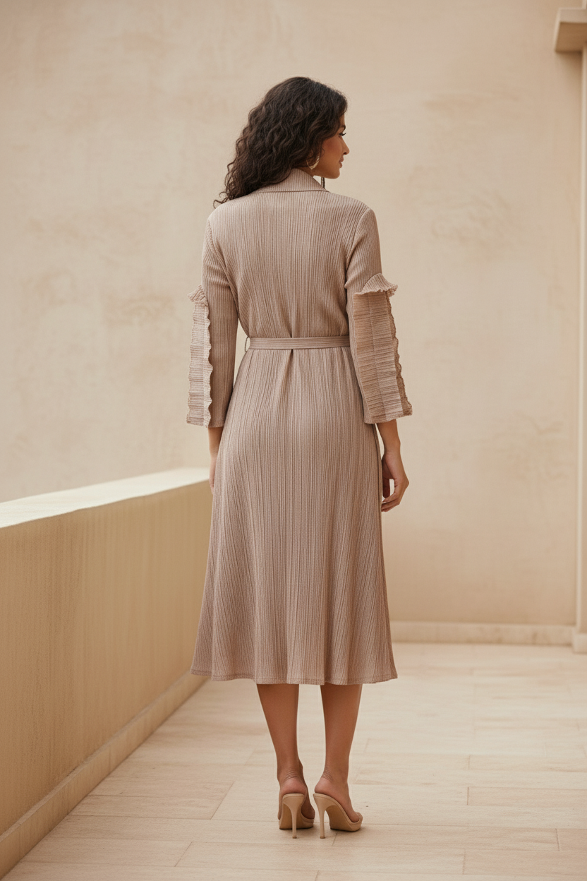 Full Sleeve pleated dress -  Beige