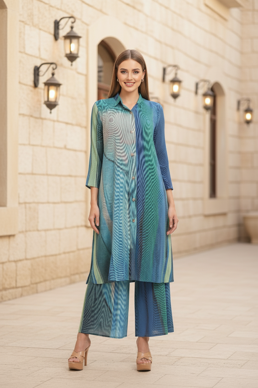 Polyester Button Down Tunic And Set - Blue