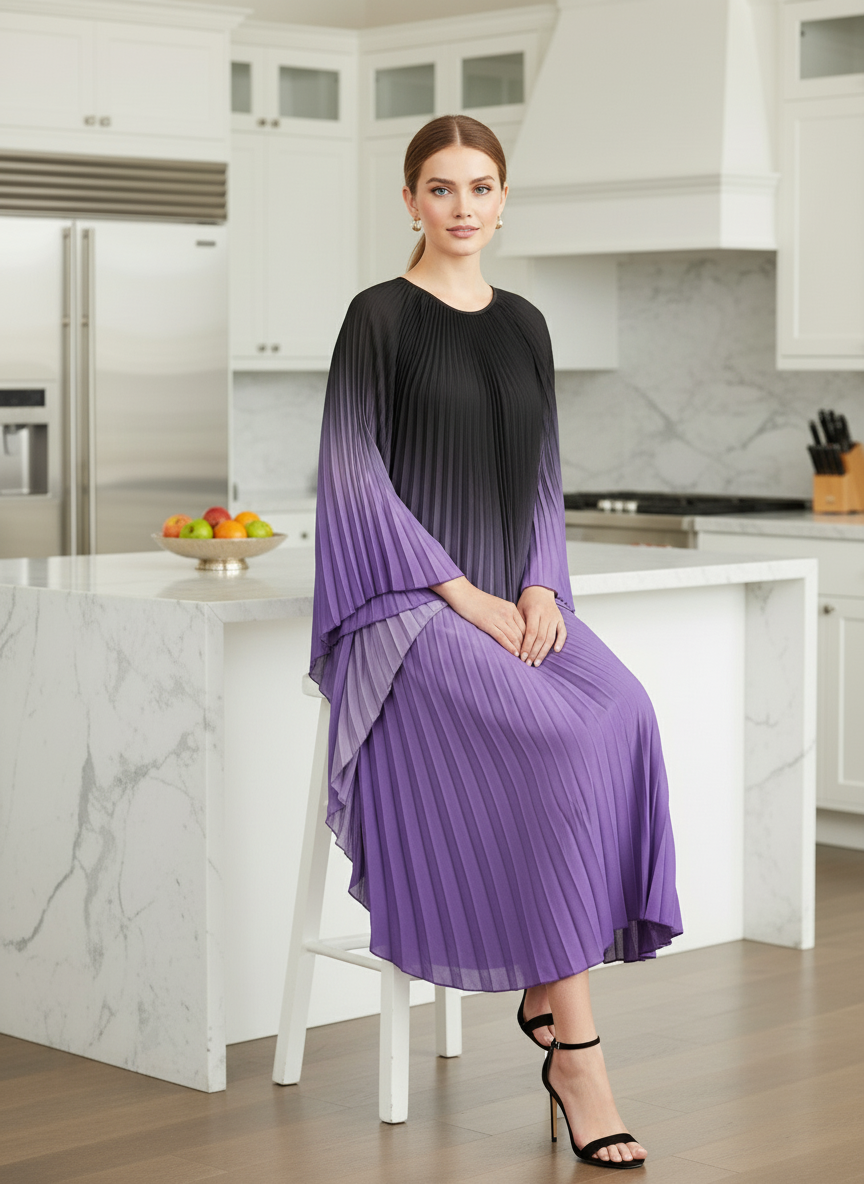 Pleated Gradual Color Dress Irregular O-neck Long Sleeves Loose Long - Purple