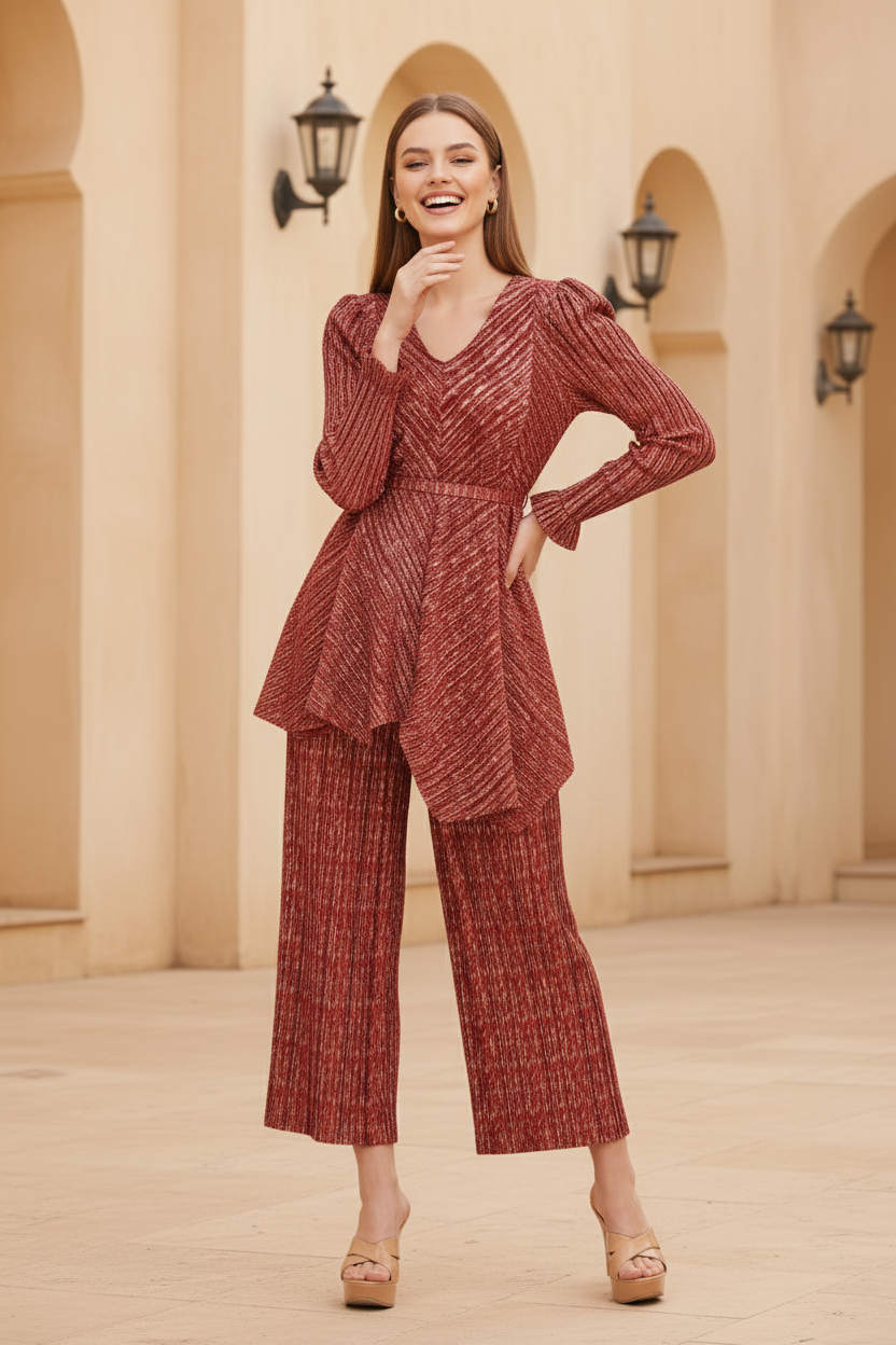 Gold Polyester Metallic Pleated Top And Pant Set - Wine Red