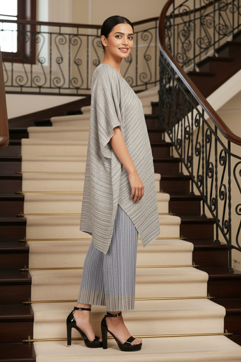 Polyester Metallic Pleated Top And Pant Set - Grey