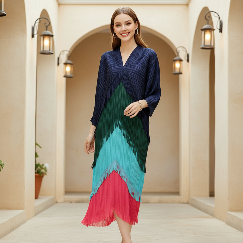 Kimono Fringe Dress -  blue