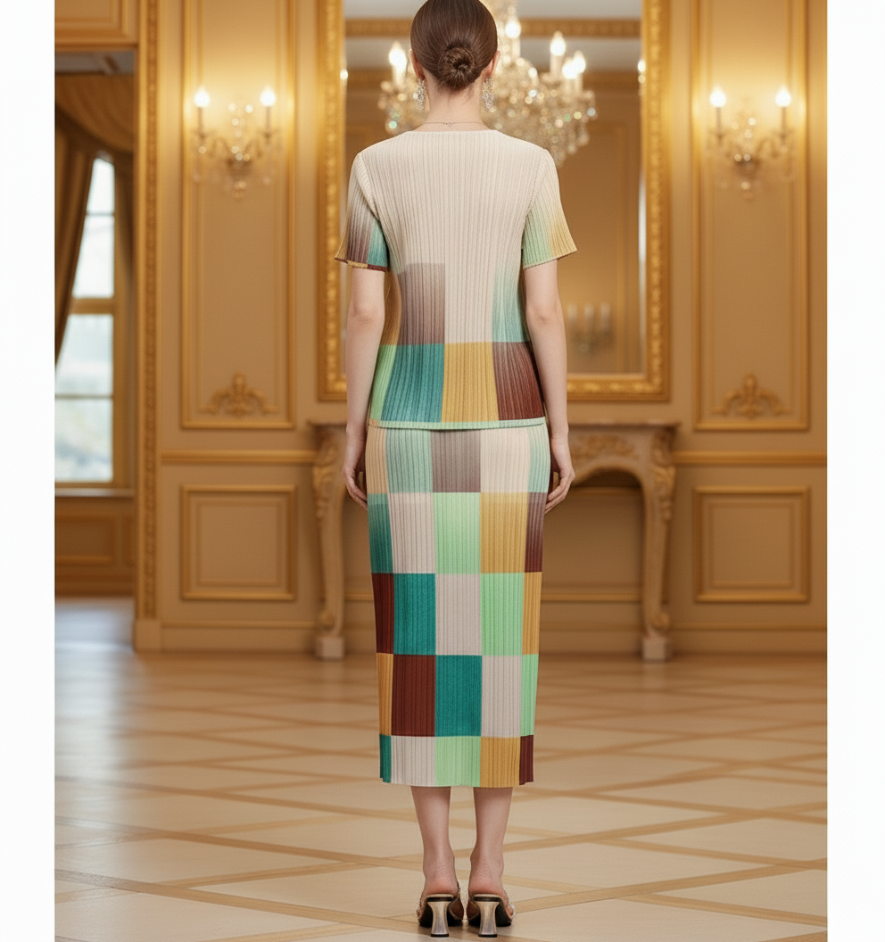 Pleated Multicolor High Neck Short Sleeve