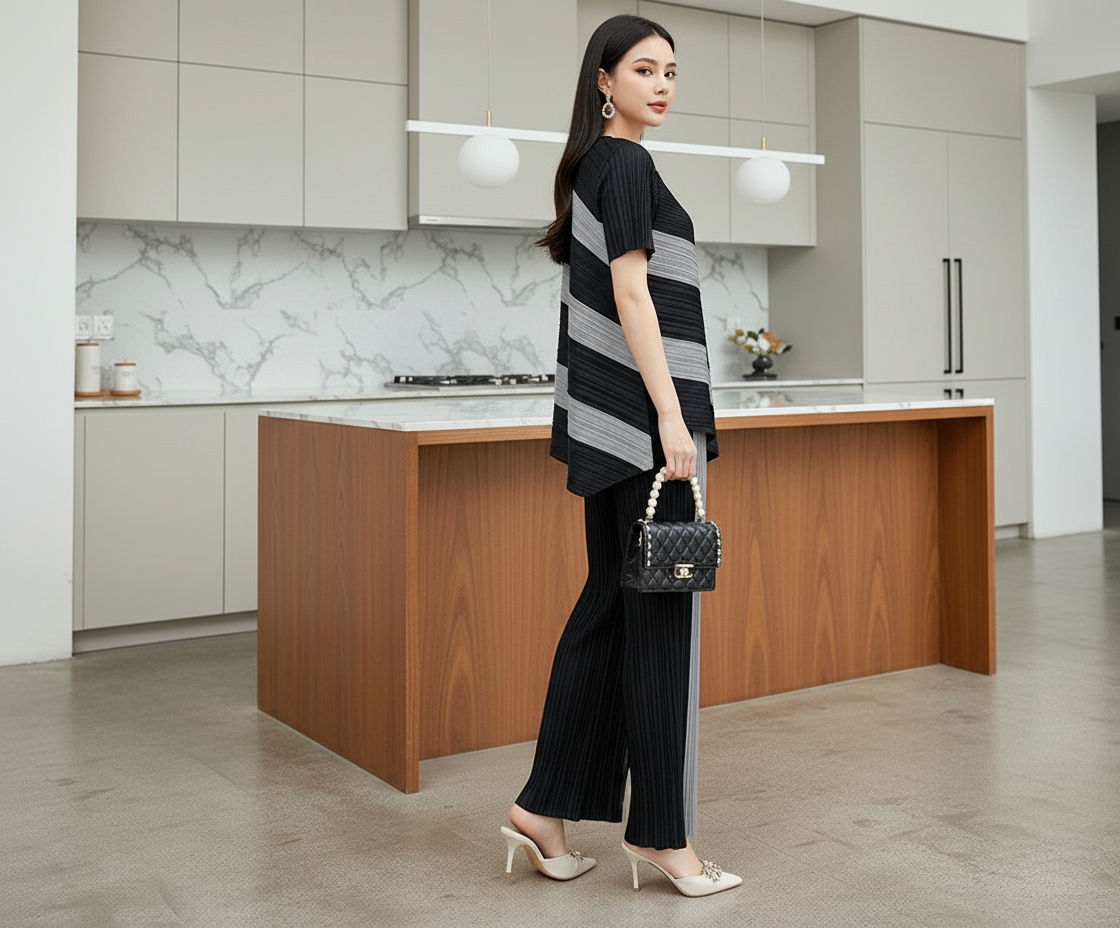 Top Loose Mild Pleated Stretching Skirt Two Pieces Set - Black