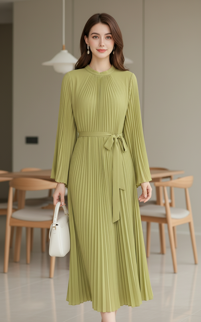 Loose Batwing Sleeve Elegant Pleated Dress - Mint