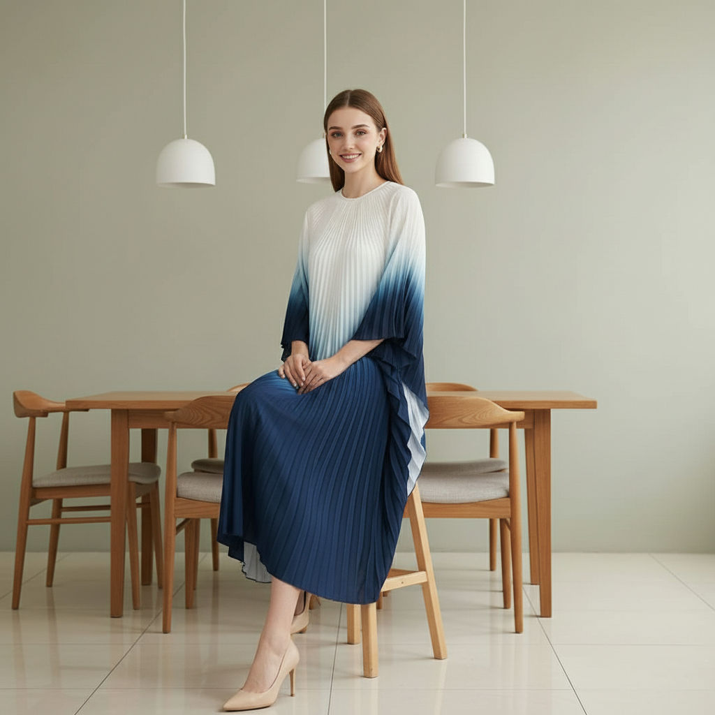 Pleated Gradual Color Dress Irregular O-neck Long Sleeves Loose Long - white