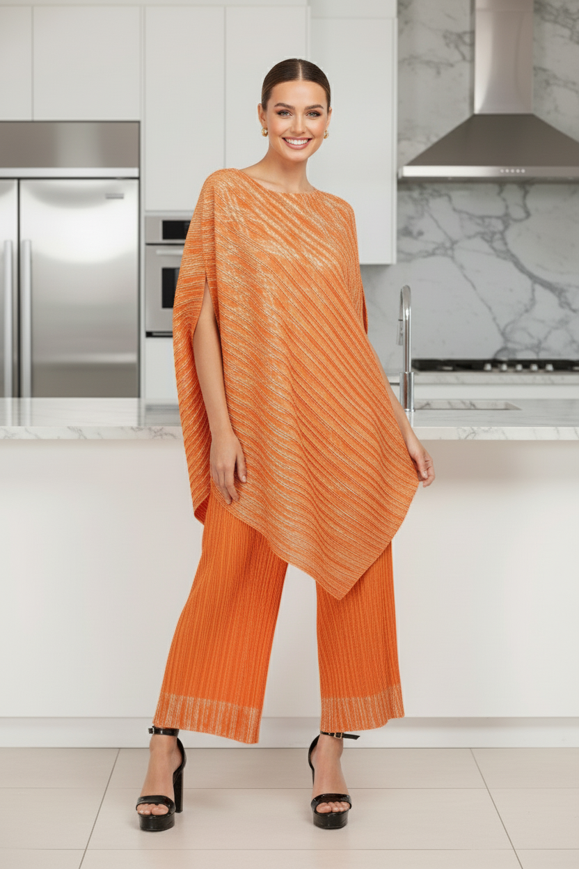 Polyester Metallic Pleated Top And Pant Set - Orange