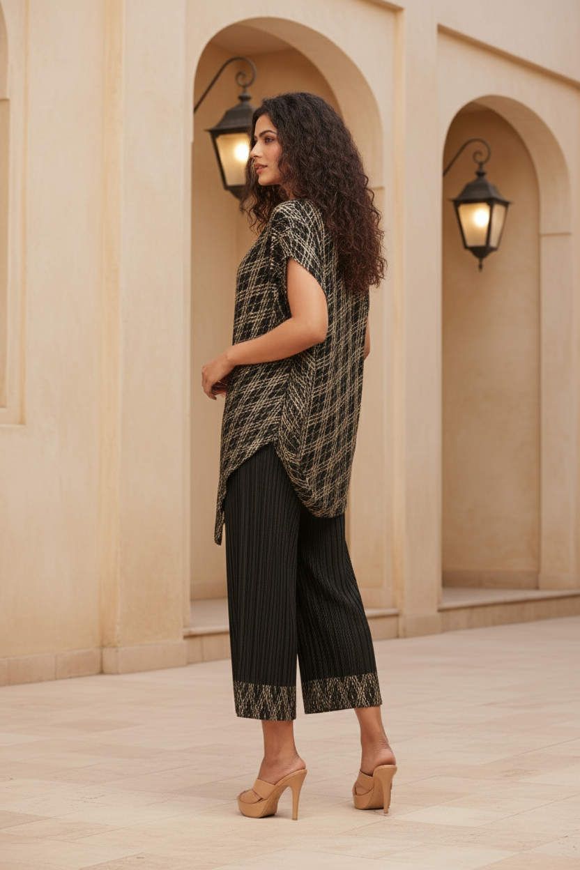 Polyester Metallic Pleated Top And Pant Set - Black