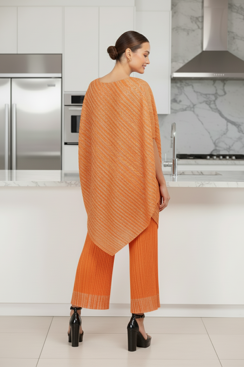 Polyester Metallic Pleated Top And Pant Set - Orange