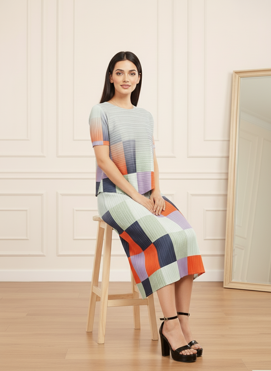 Pleated Multicolor High Neck Short Sleeve