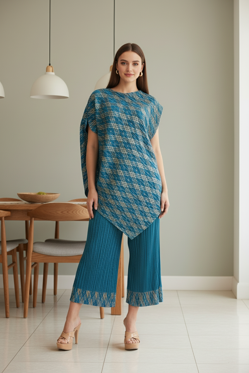 Polyester Metallic Pleated Top And Pant Set - Blue