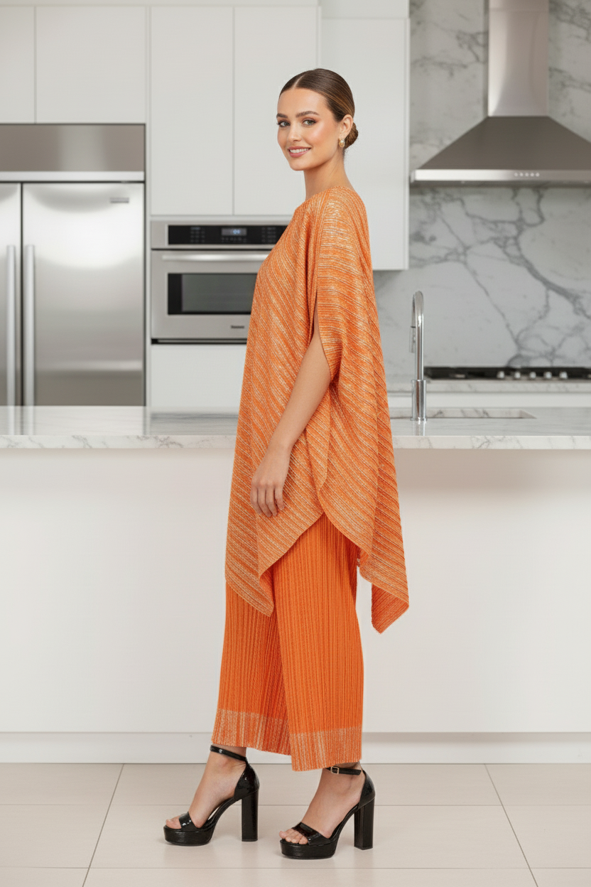 Polyester Metallic Pleated Top And Pant Set - Orange