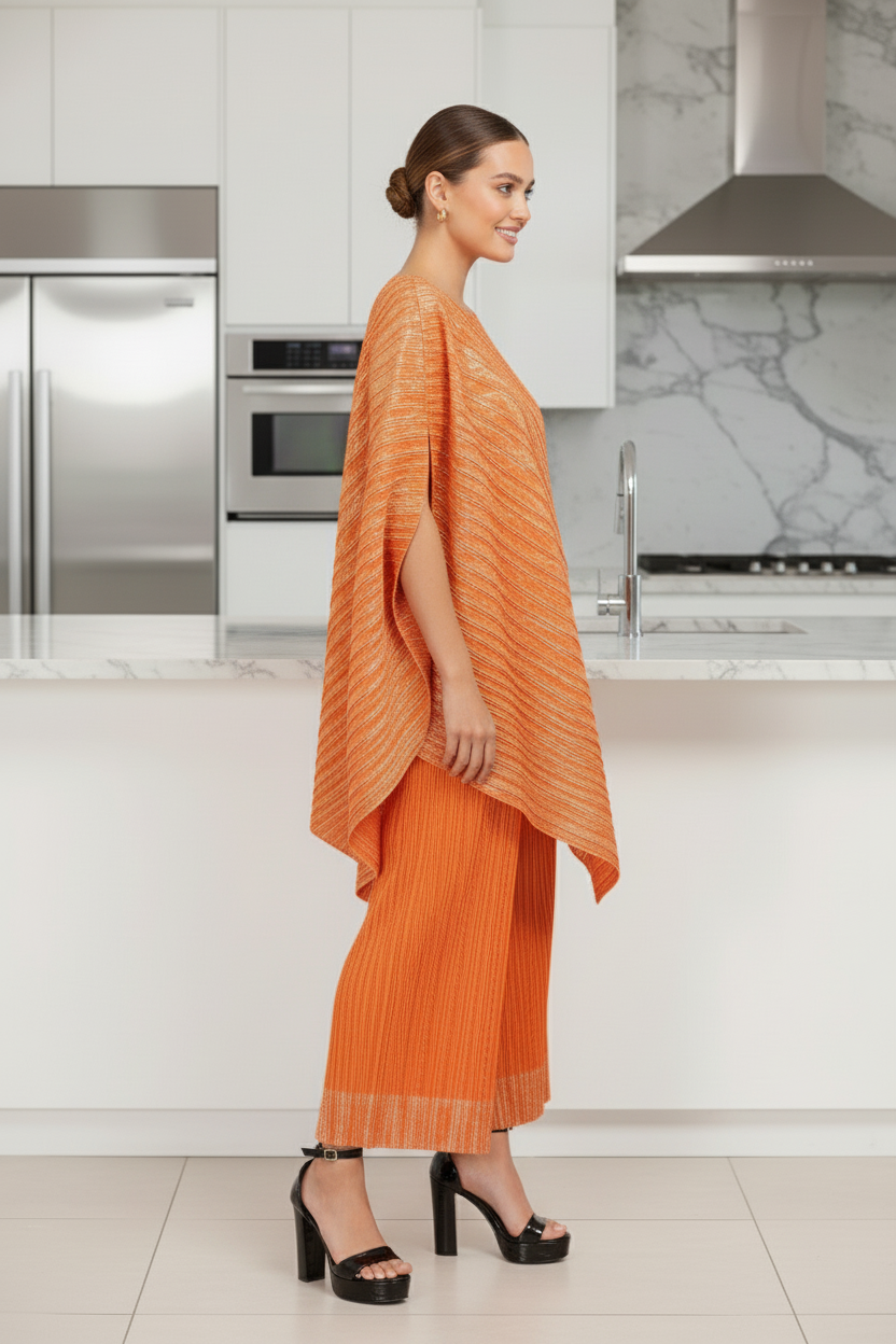 Polyester Metallic Pleated Top And Pant Set - Orange