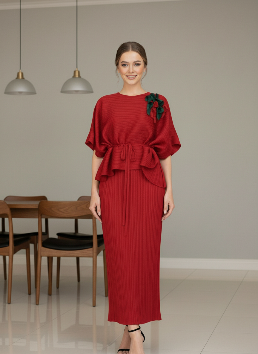 Elegant Two Piece Dress -  Red