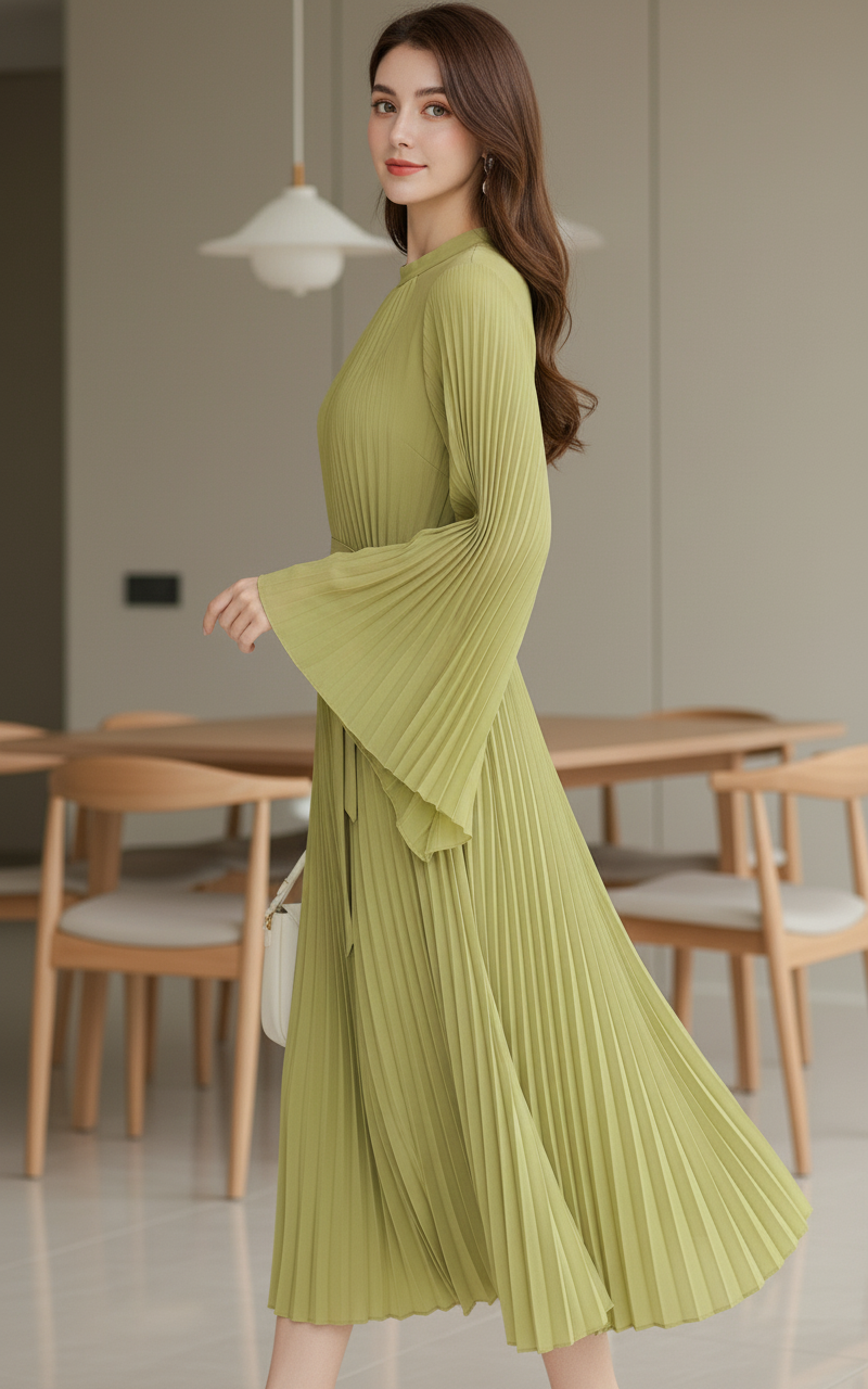 Loose Batwing Sleeve Elegant Pleated Dress - Mint