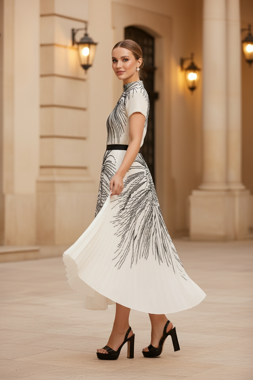 Pleated Set Flapper Dress - White