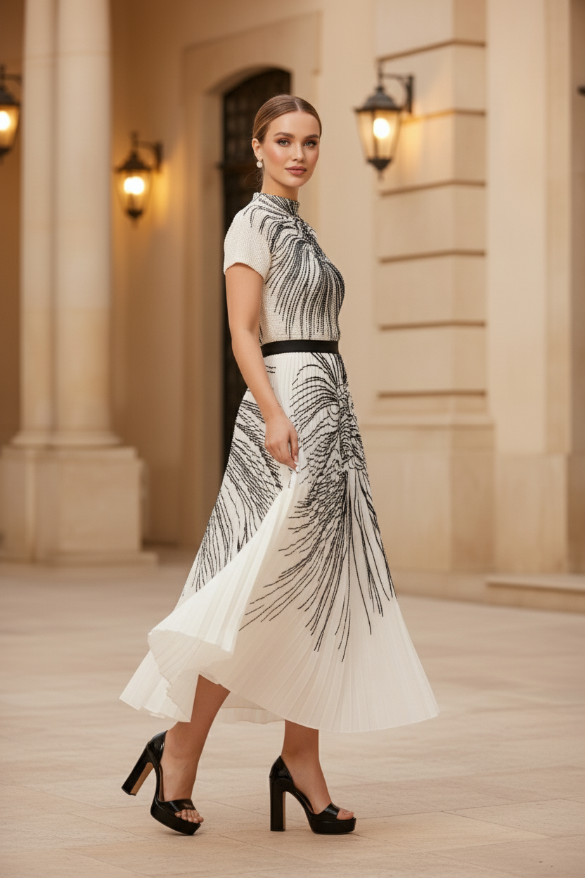 Pleated Set Flapper Dress - White