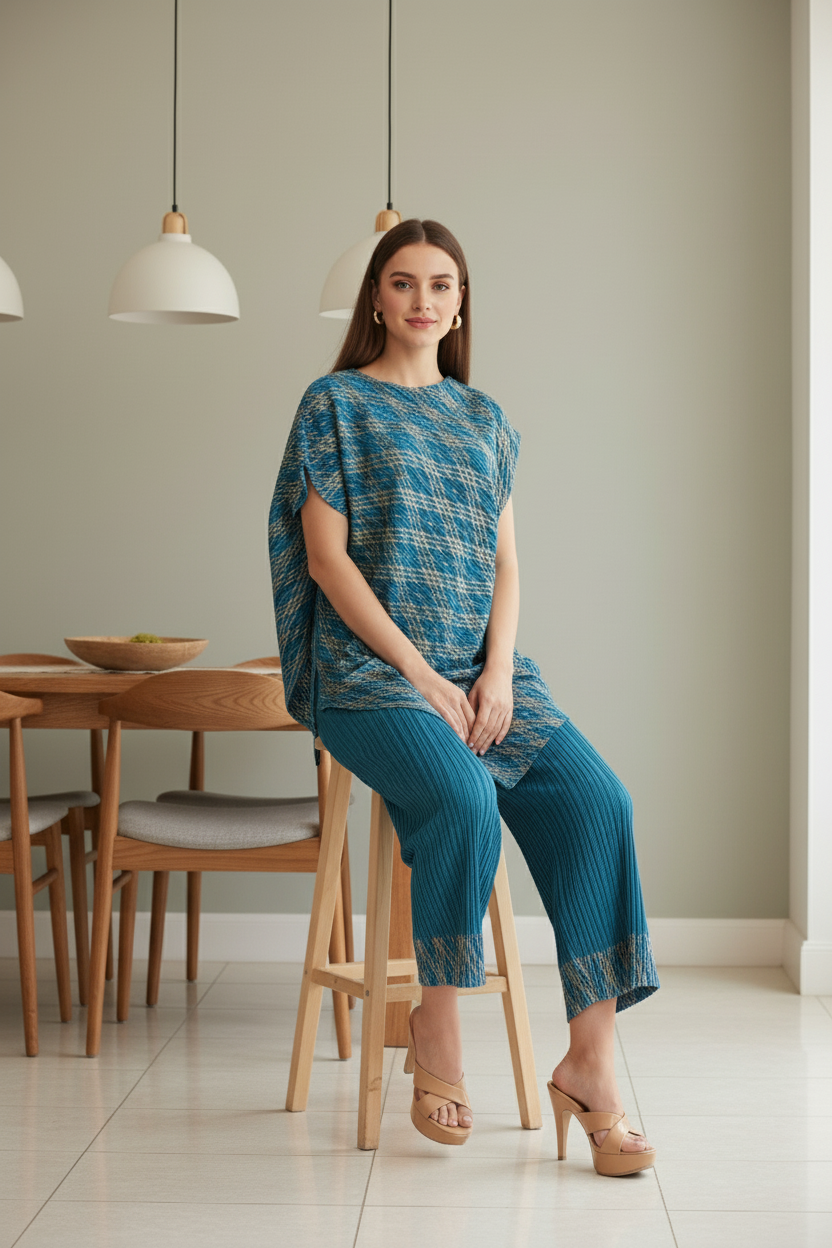 Polyester Metallic Pleated Top And Pant Set - Blue