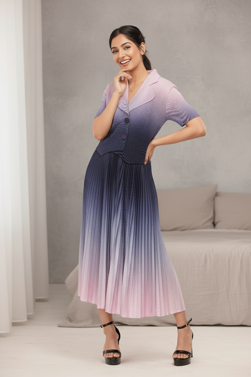 Dual Color Ombre Pleated Skirt Set - Purple