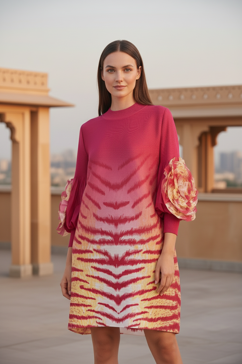 Soliel Ruffle Sleeve Print Dress - Rose Red