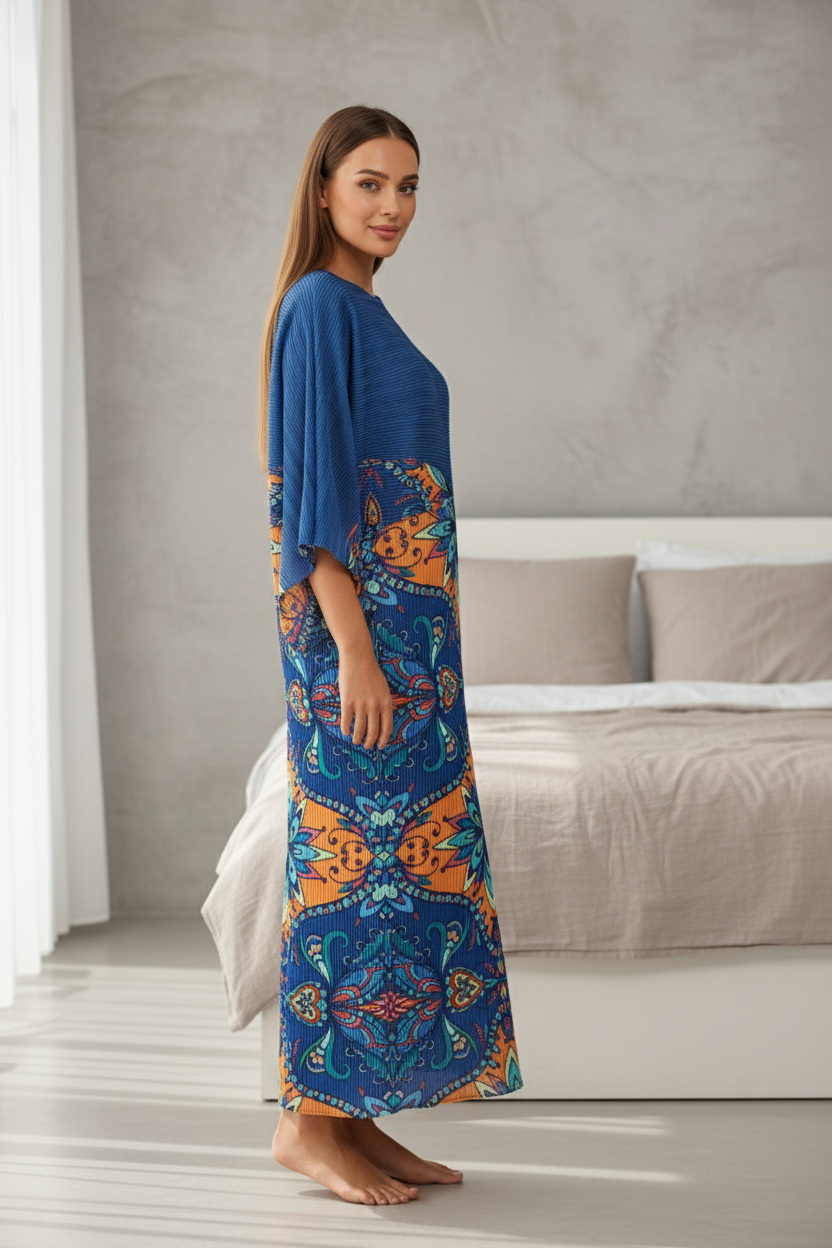 Deep V-Neck and High-Waist Gown - Blue