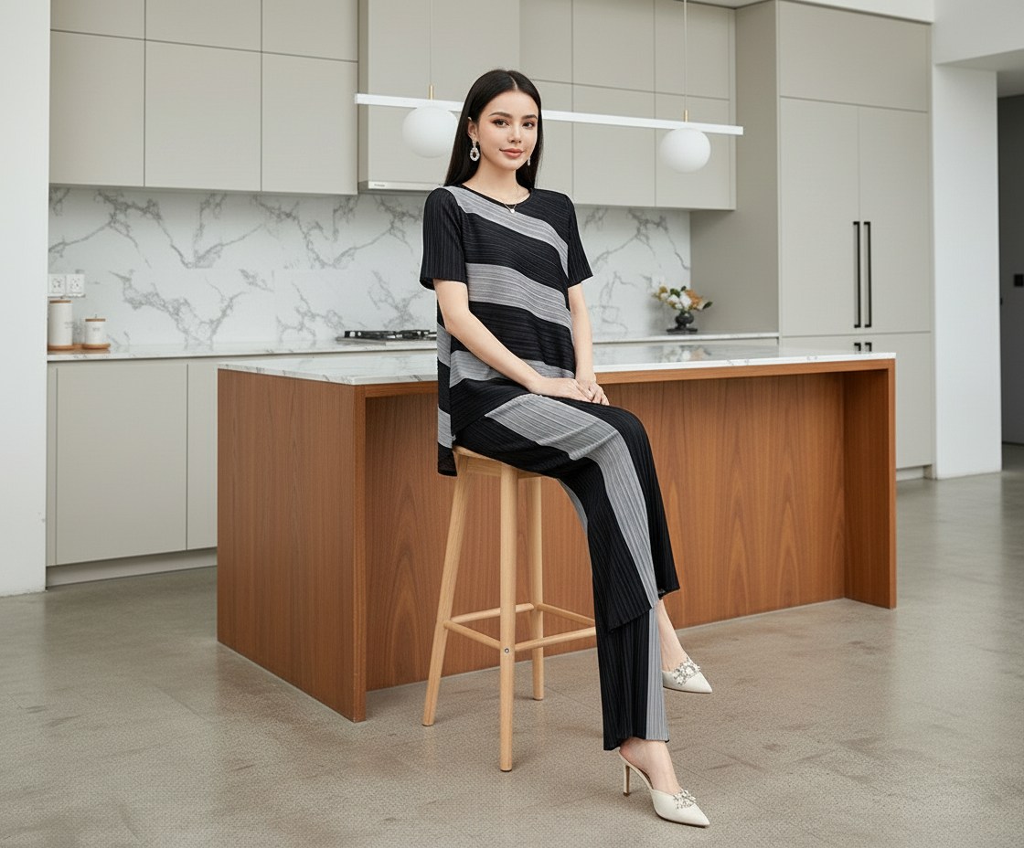 Top Loose Mild Pleated Stretching Skirt Two Pieces Set - Black