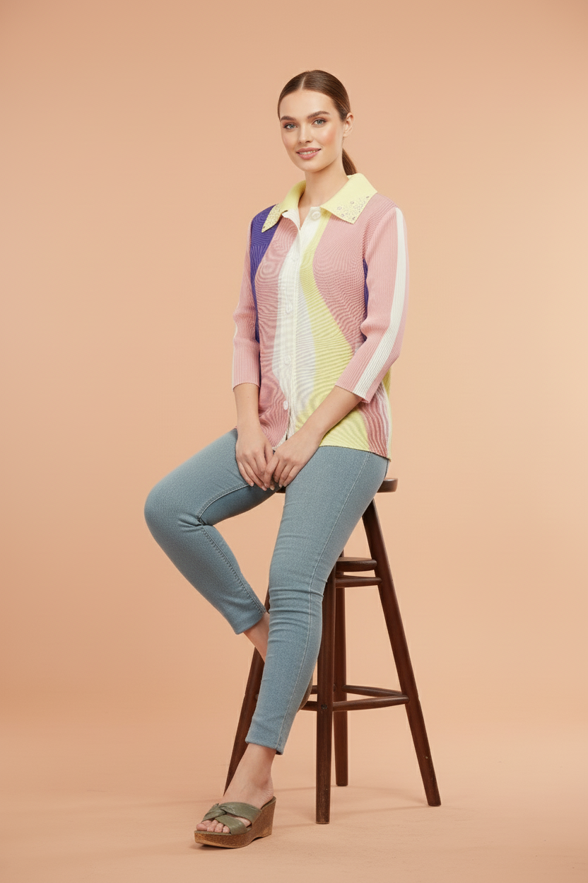 Polyester Edith Color block Printed Shirt