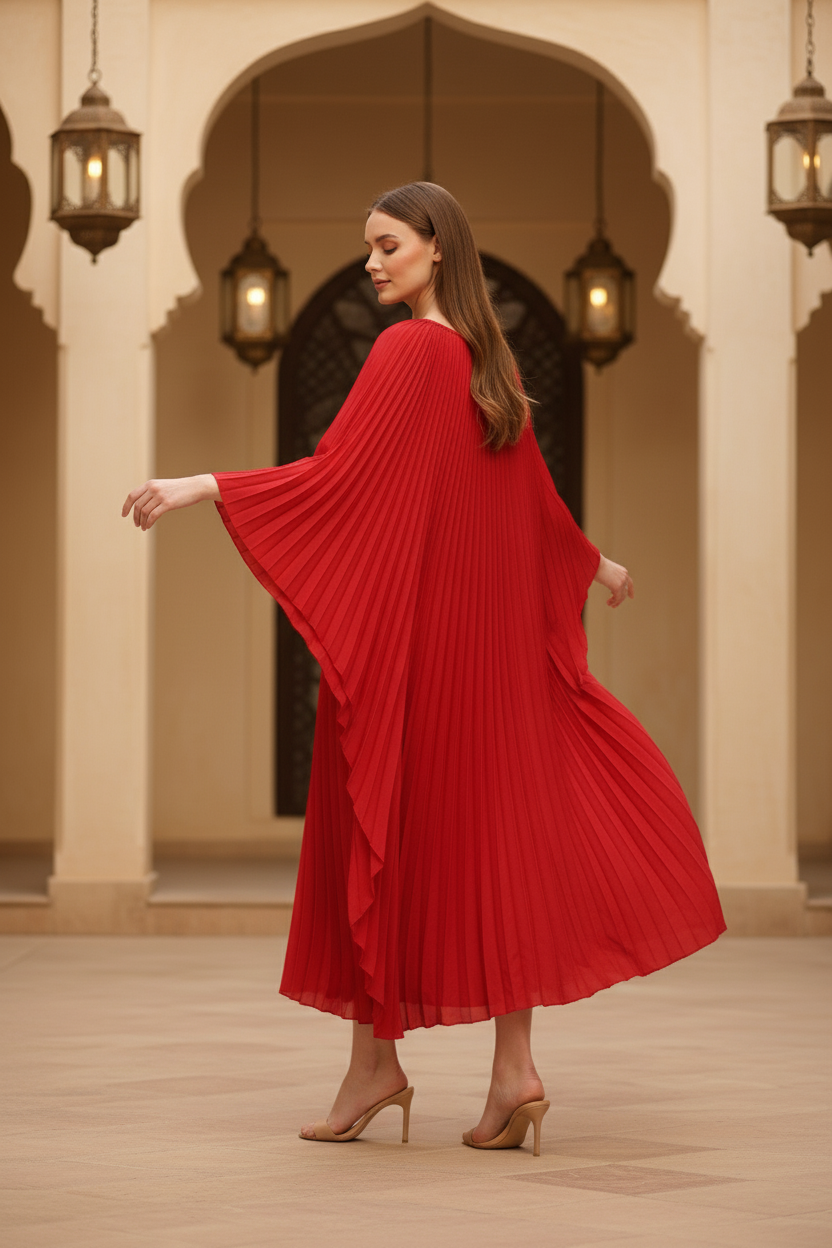 Loose Batwing Sleeve Elegant Pleated Dress - Red