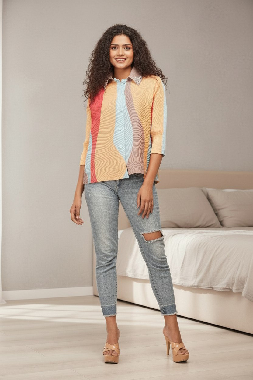 Polyester Edith Color block Printed Shirt