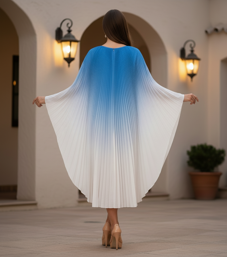 Pleated Gradual Color Dress Irregular O-neck Long Sleeves Loose Long  - Blue