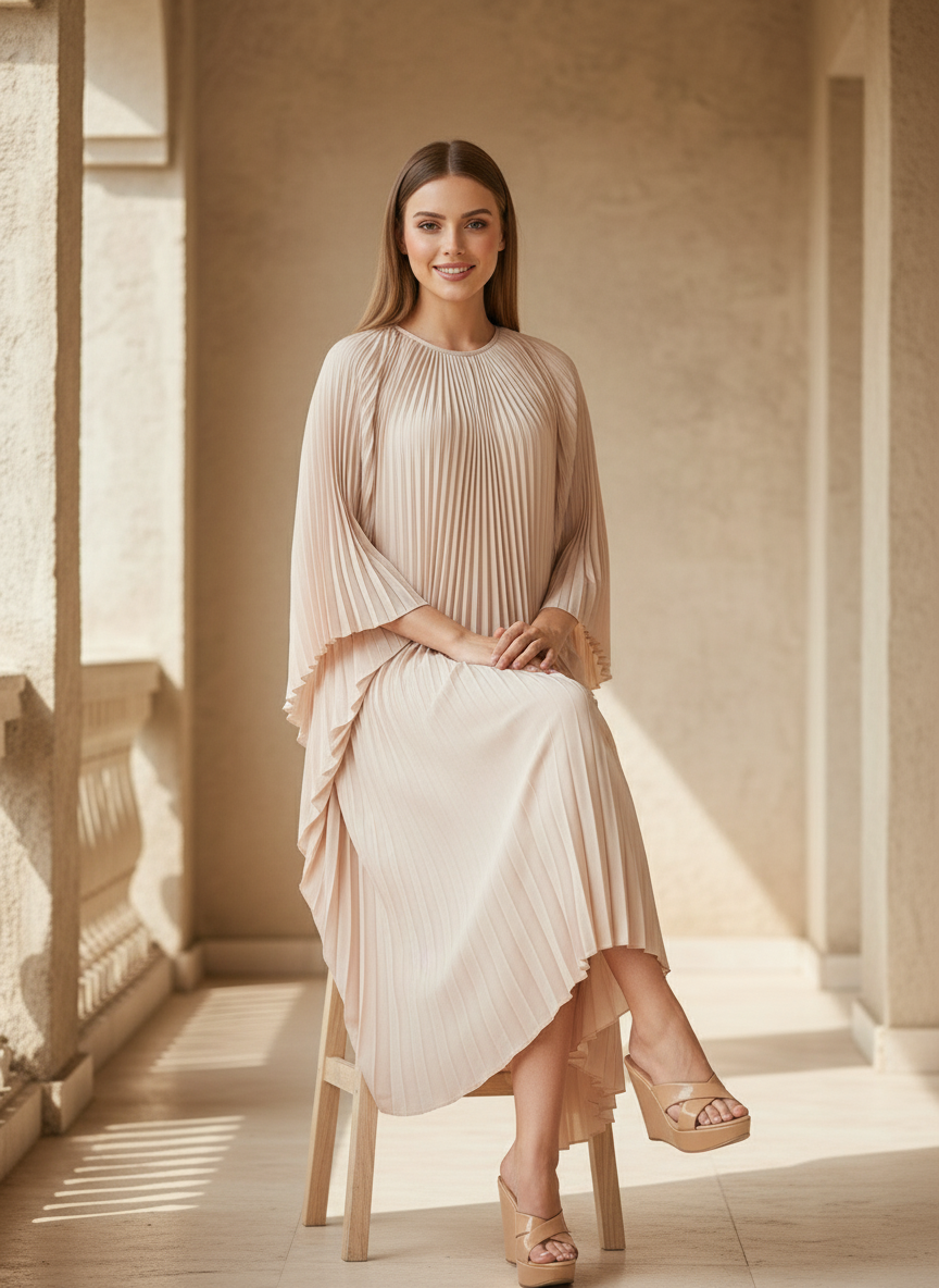 Loose Batwing Sleeve Elegant Pleated Dress - White