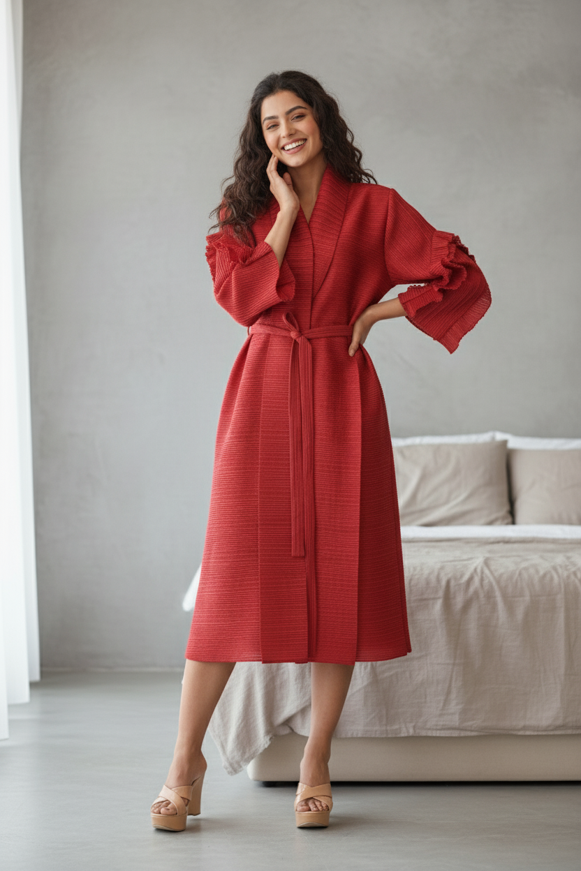 Full Sleeve pleated dress -  Wine Red