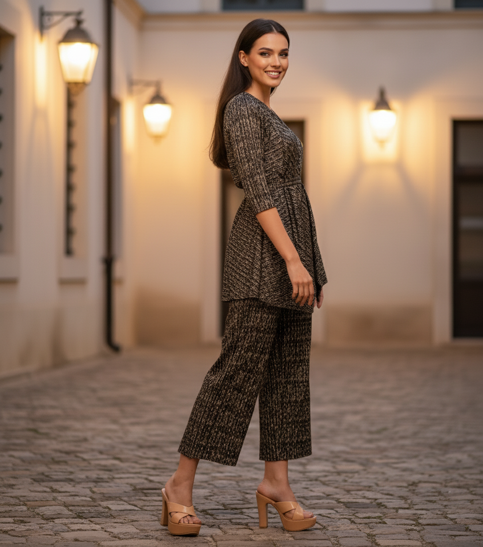 Gold Polyester Metallic Pleated Top And Pant Set - Black