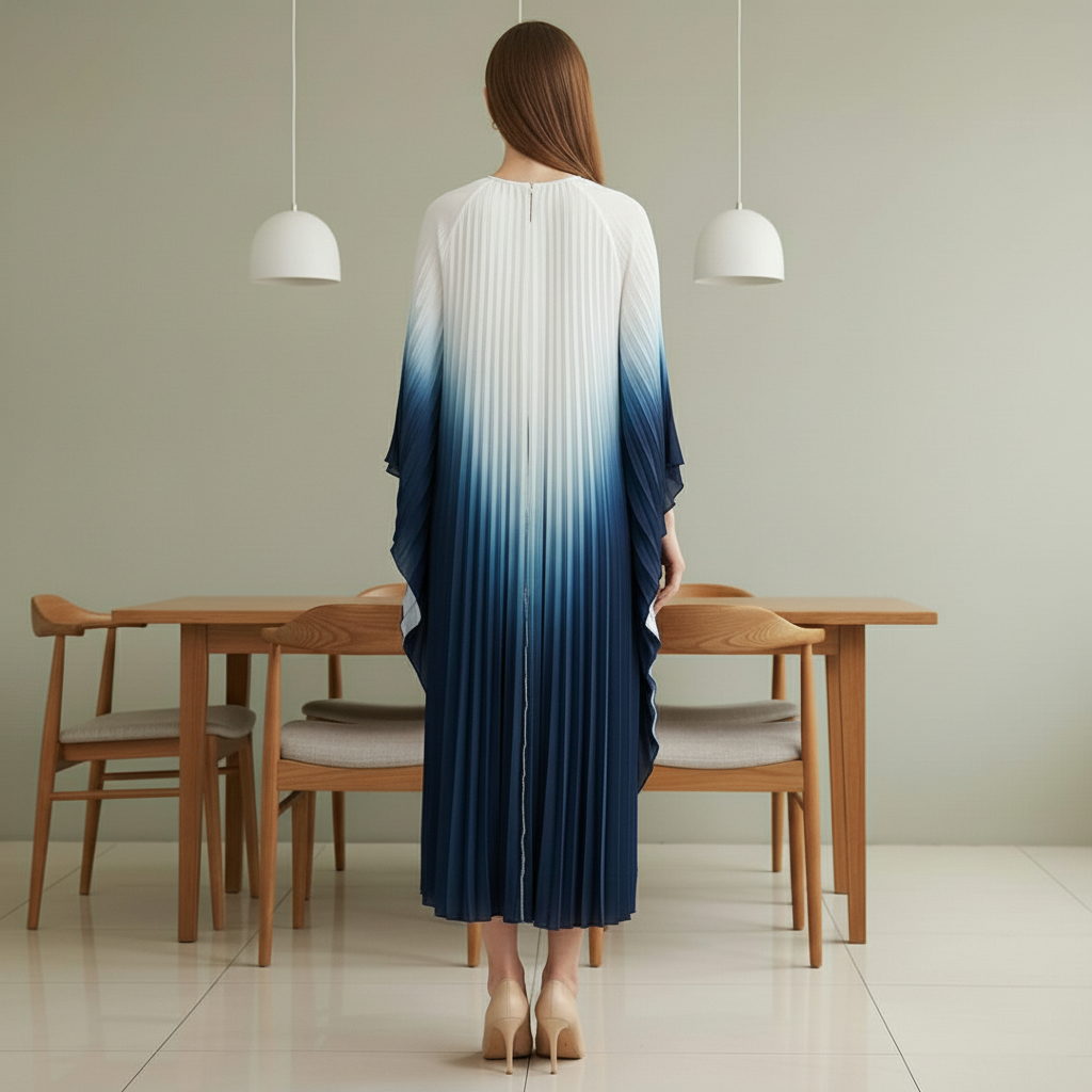 Pleated Gradual Color Dress Irregular O-neck Long Sleeves Loose Long - white