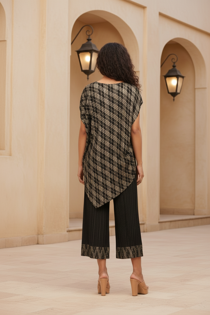 Polyester Metallic Pleated Top And Pant Set - Black