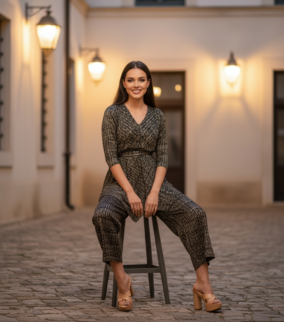 Gold Polyester Metallic Pleated Top And Pant Set - Black