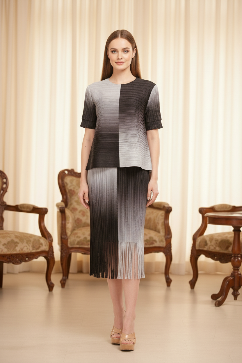 Ombre High Waist Pleated Midi Skirt - Black