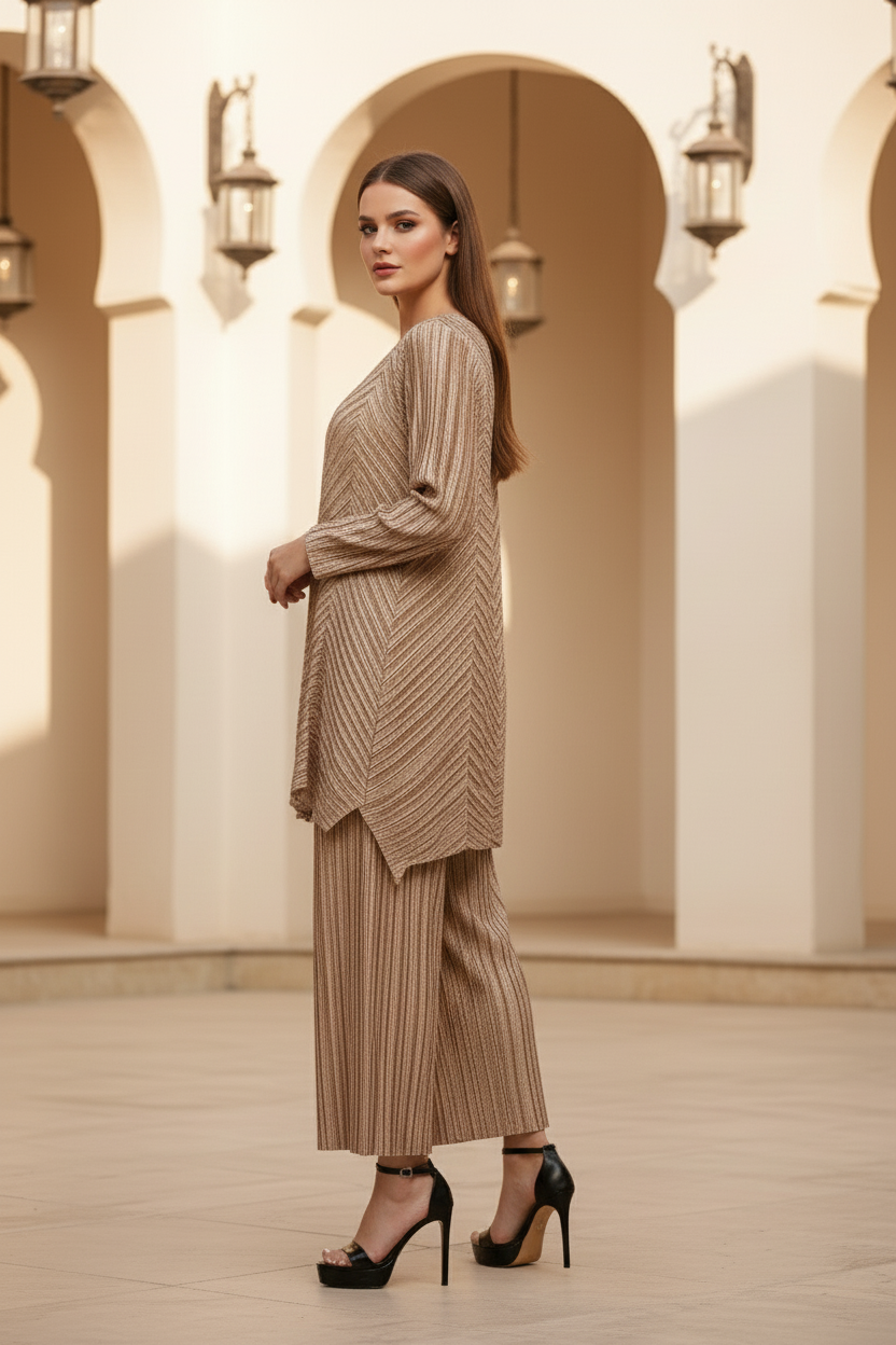 Gold Polyester Metallic Pleated Top And Pant Set - Beige