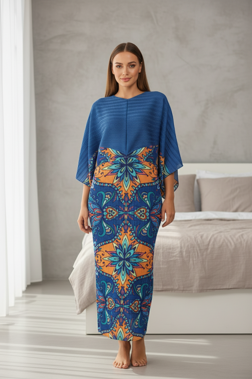 Deep V-Neck and High-Waist Gown - Blue