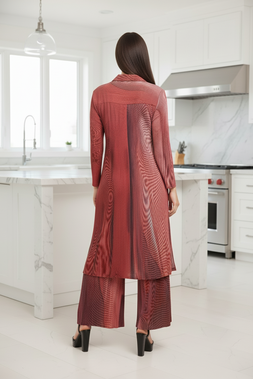 Polyester Button Down Tunic And Set - Red