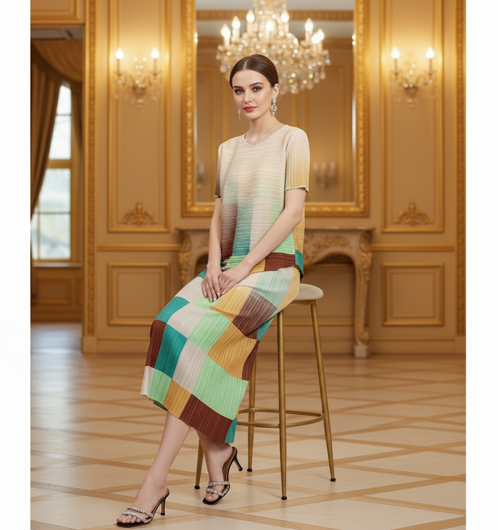 Pleated Multicolor High Neck Short Sleeve