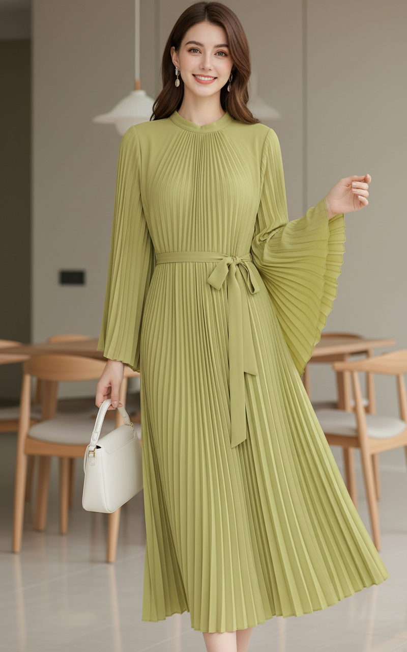 Loose Batwing Sleeve Elegant Pleated Dress - Mint