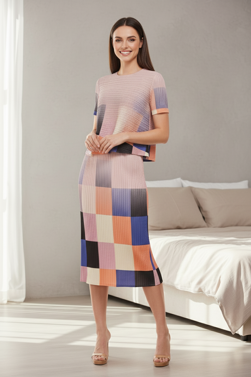 Pleated Multicolor High Neck Short Sleeve