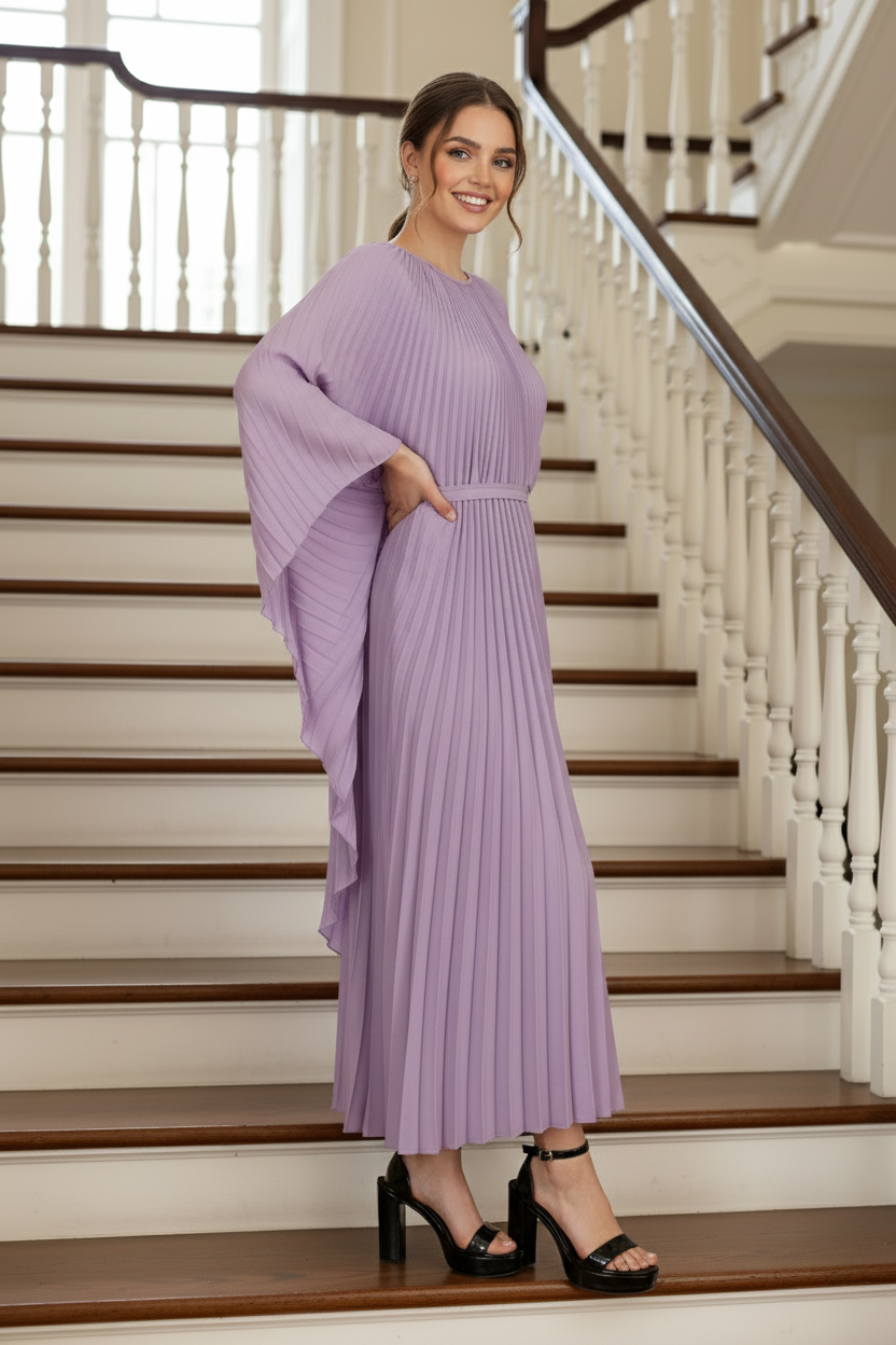 Loose Batwing Sleeve Elegant Pleated Dress - Purple