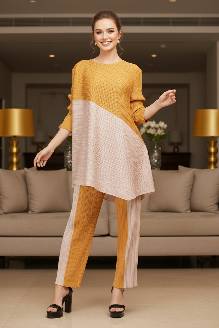 Top Loose Mild Pleated Stretching Skirt Two Pieces Set - Yellow