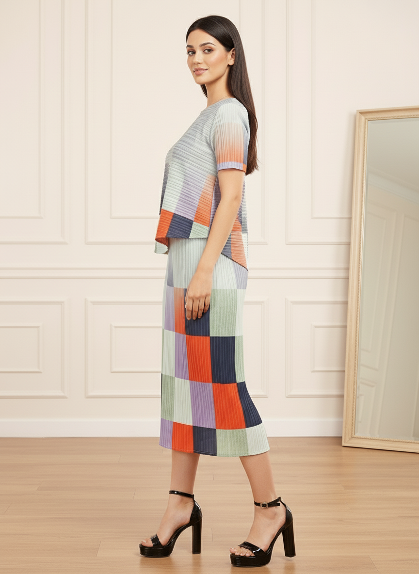 Pleated Multicolor High Neck Short Sleeve