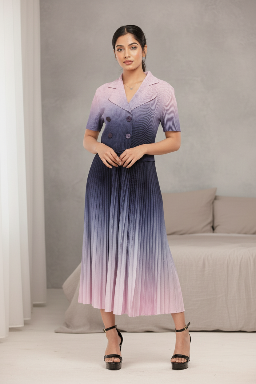 Dual Color Ombre Pleated Skirt Set - Purple