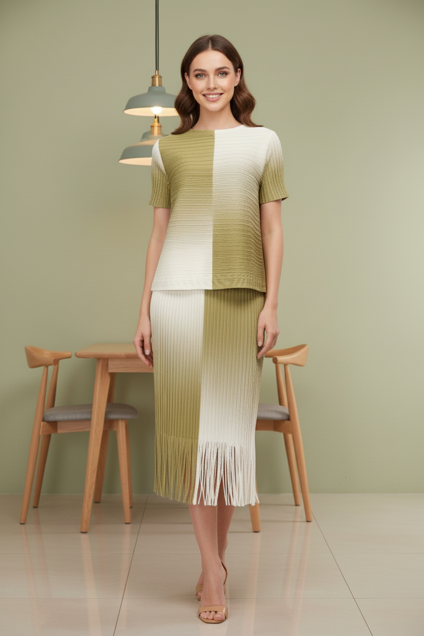 Ombre High Waist Pleated Midi Skirt - Mint