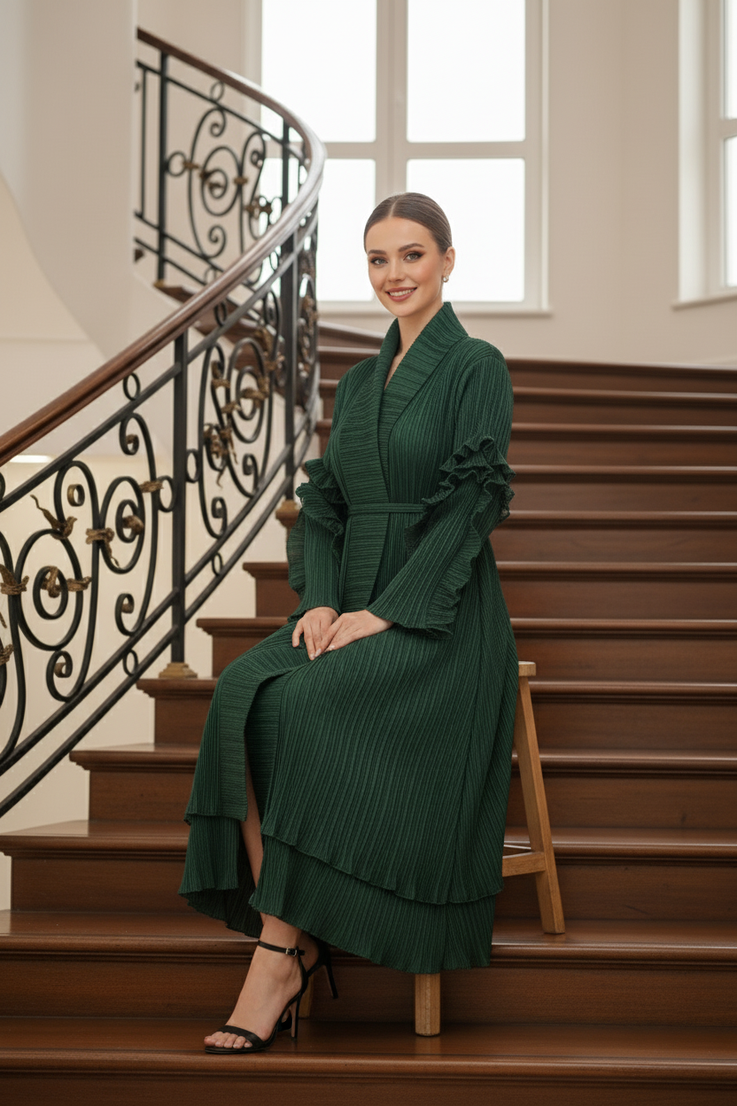 Full Sleeve pleated dress -  Green